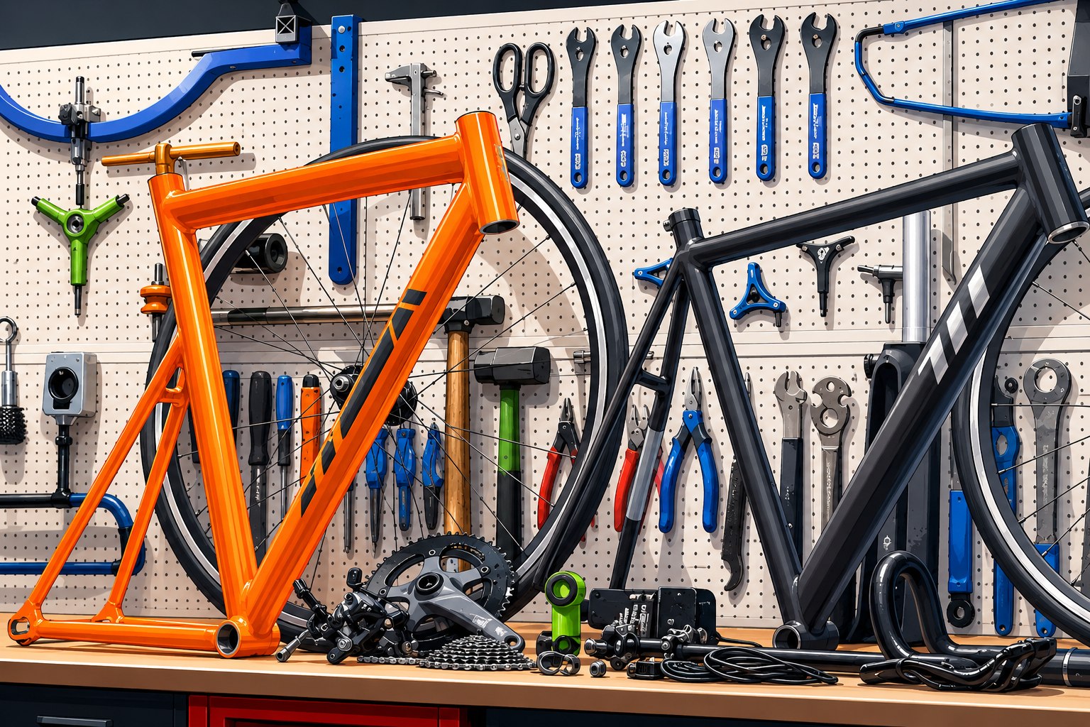 Outils et établi dans un atelier de réparation vélo